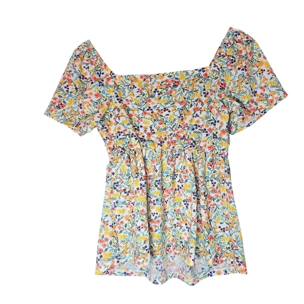 Wonder Nation Floral Smocked‎ Top Square Neck Short Sleeve Yellow White S